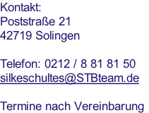 Kontakt:
Poststraße 21
42719 Solingen
 
Telefon: 0212 / 8 81 81 50
silkeschultes@STBteam.de

Termine nach Vereinbarung
